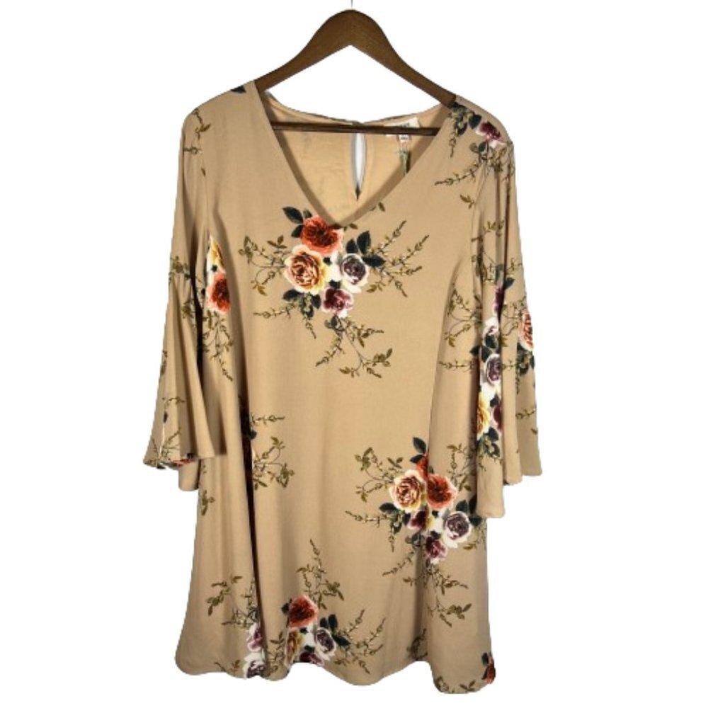 Umgee Womens Boho Floral Shift Dress Size Large Bell Sleeves Knee Length Casual